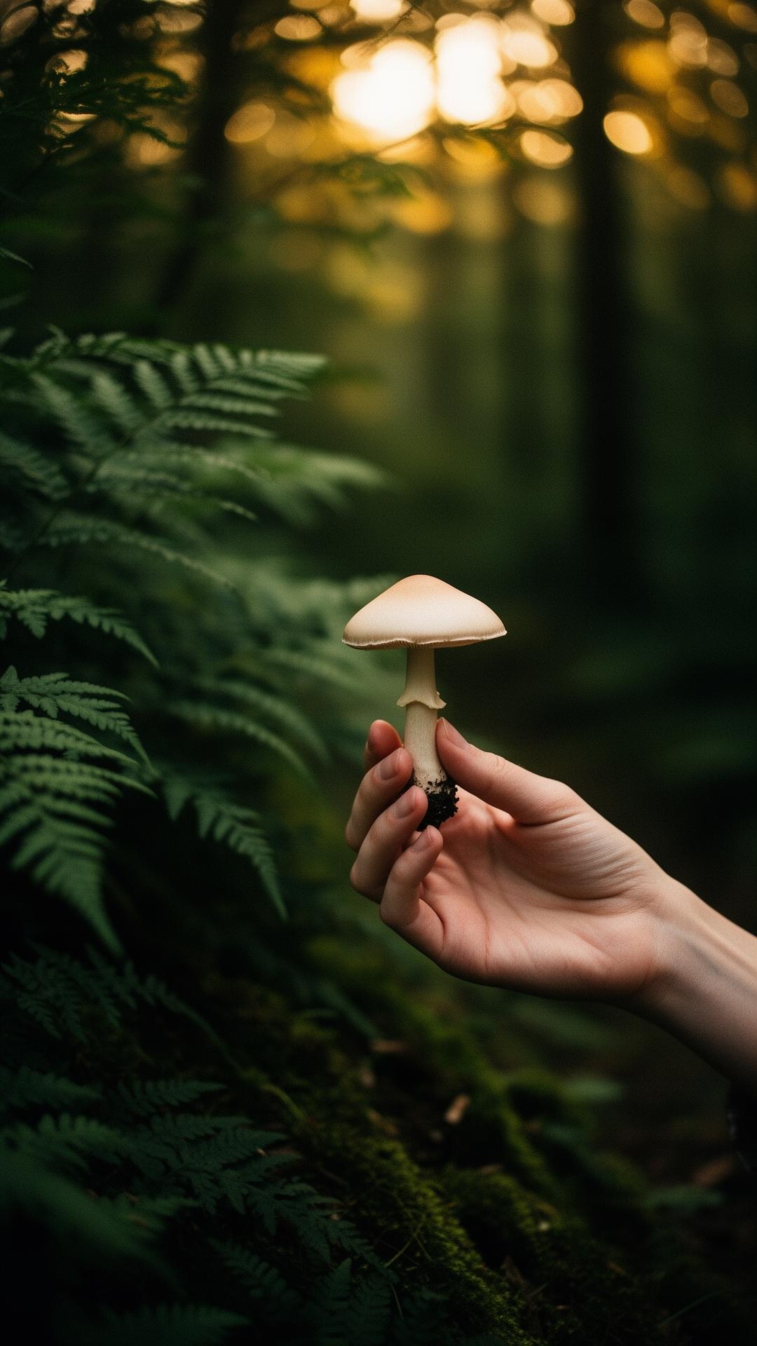 Mão feminina delicada segurando um cogumelo na floresta — Alquimia Feminina